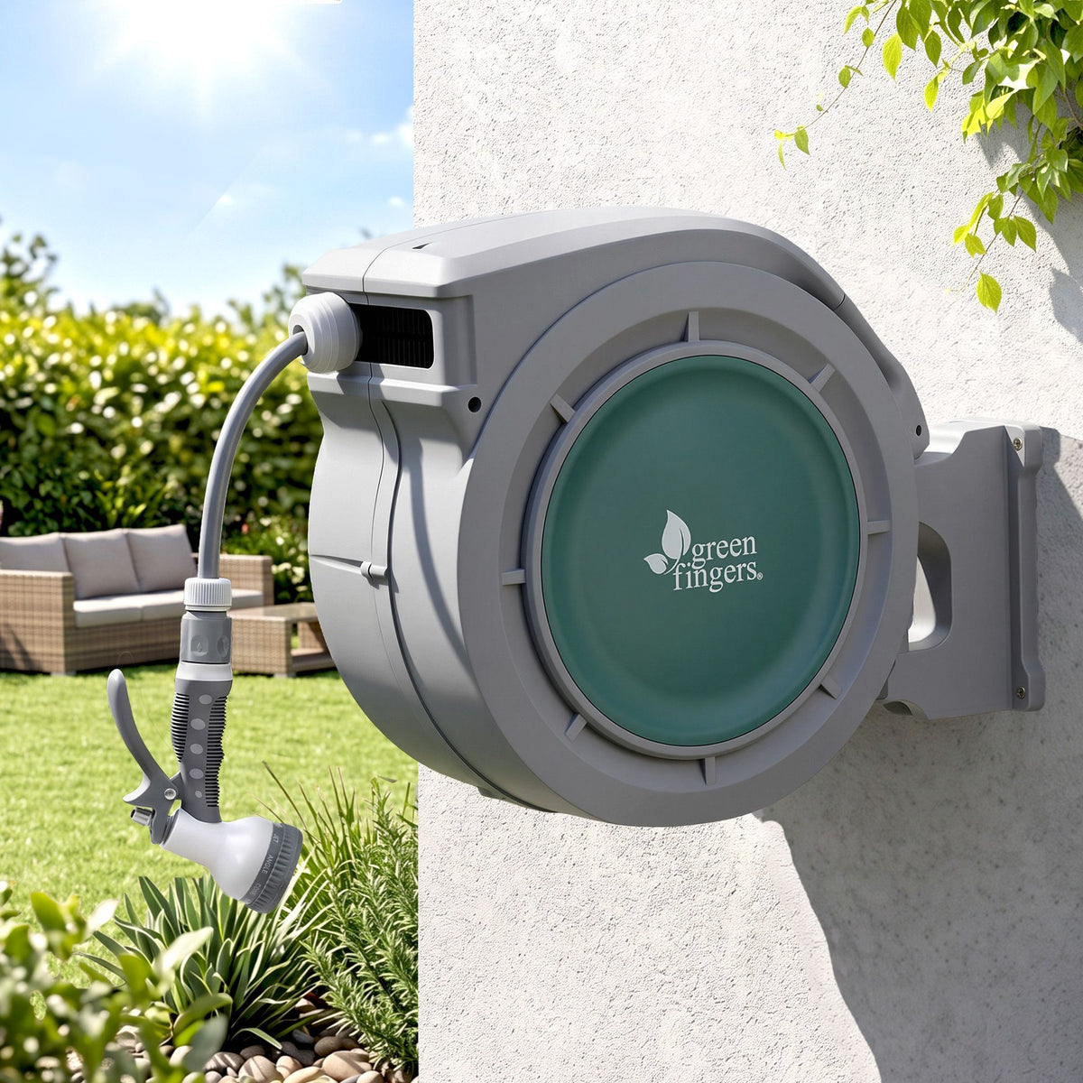 30m Retractable Wall Mounted Garden Hose Reel with 9-Pattern Nozzle - Green