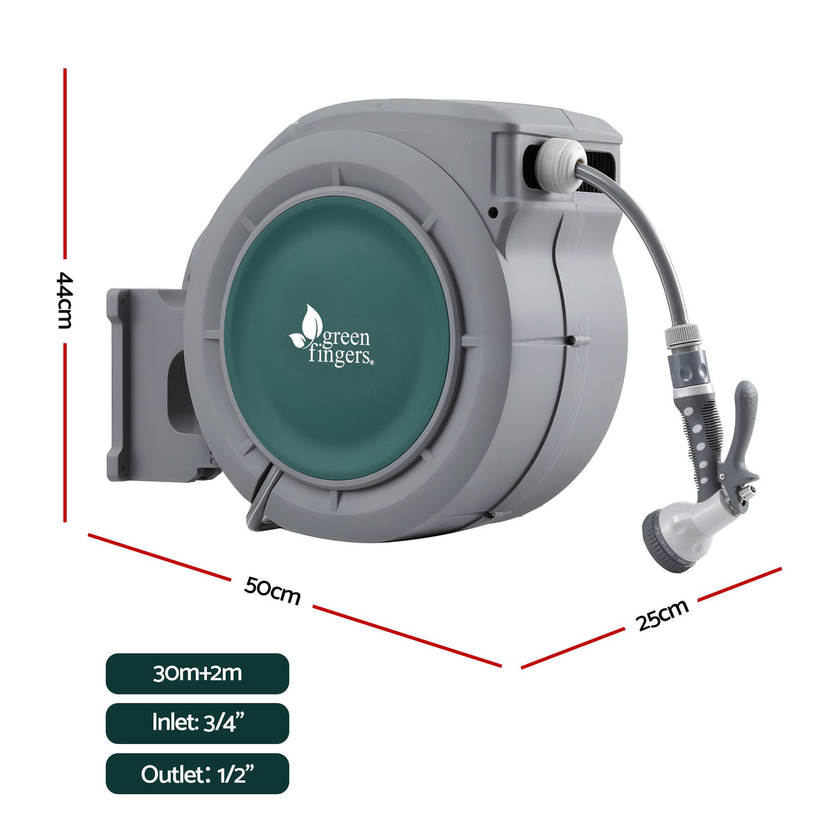 30m Retractable Wall Mounted Garden Hose Reel with 9-Pattern Nozzle - Green