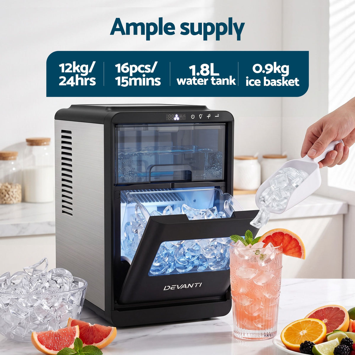 Crescent Ice Maker 16pcs 12KG/24H Countertop Machine for Home - Black