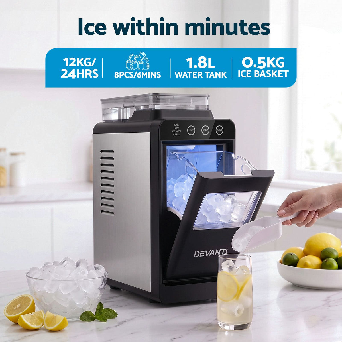 Slim Compact Countertop Ice Maker 12KG/24H with Touch Panel and Self-Cleaning - Black