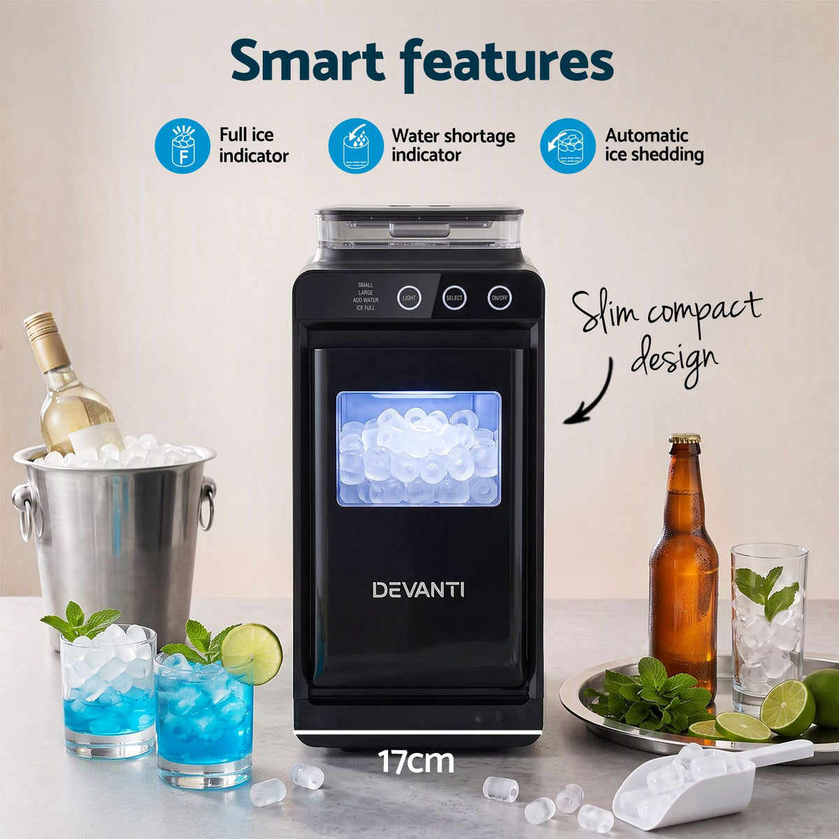 Slim Compact Countertop Ice Maker 12KG/24H with Touch Panel and Self-Cleaning - Black