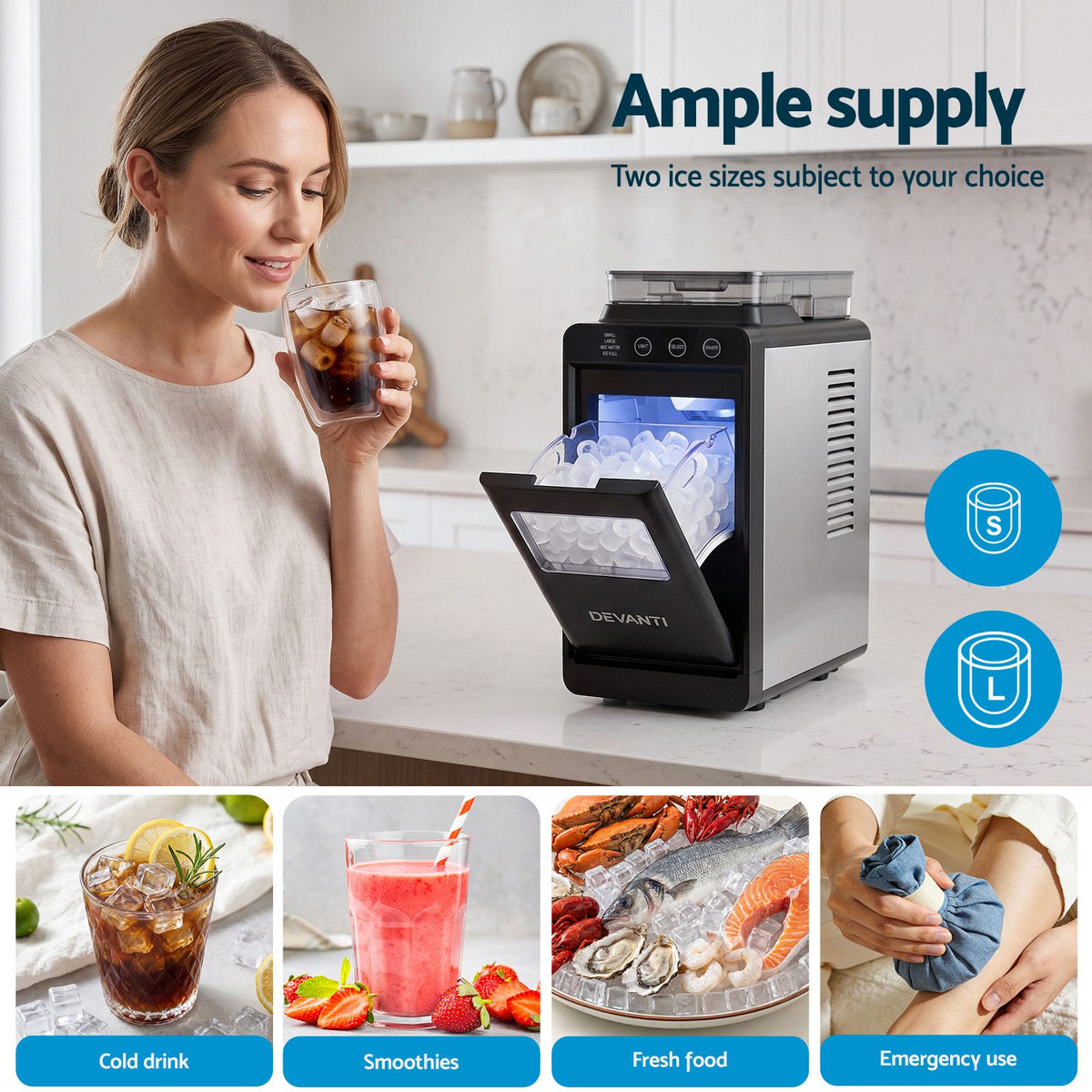 Slim Compact Countertop Ice Maker 12KG/24H with Touch Panel and Self-Cleaning - Black