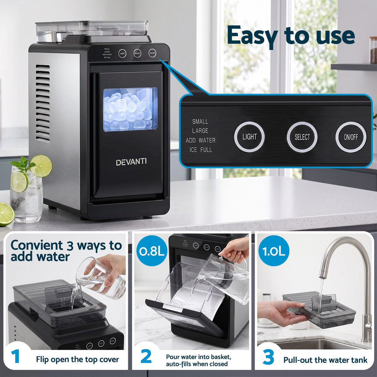 Slim Compact Countertop Ice Maker 12KG/24H with Touch Panel and Self-Cleaning - Black