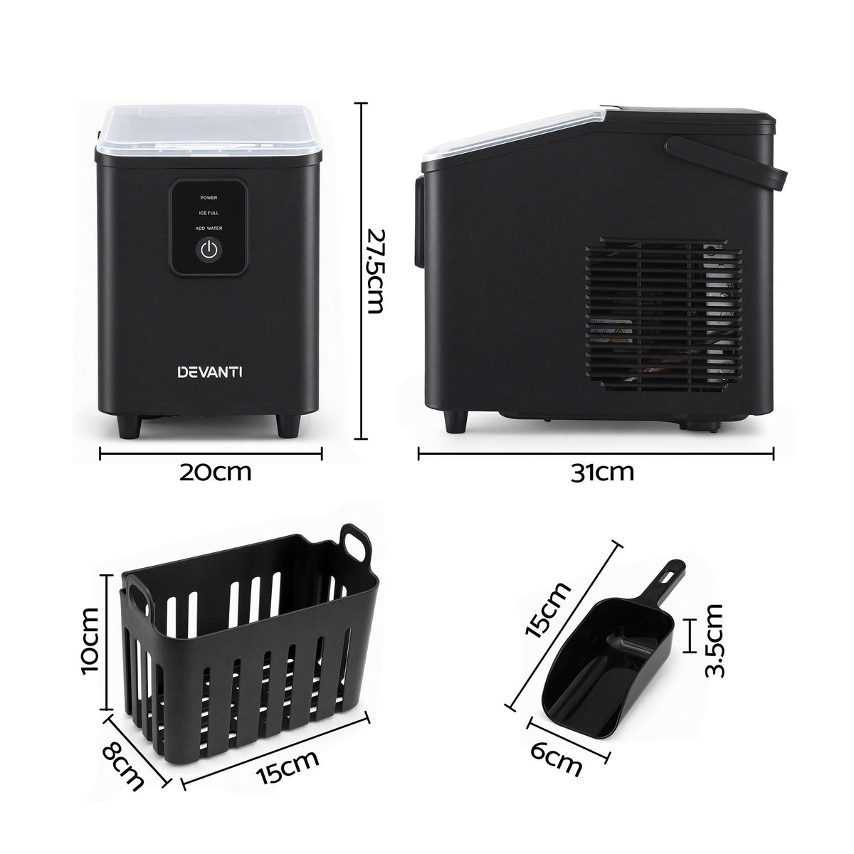 Portable Ice Maker 11-12kg Daily Capacity Bullet Cube Machine - Black
