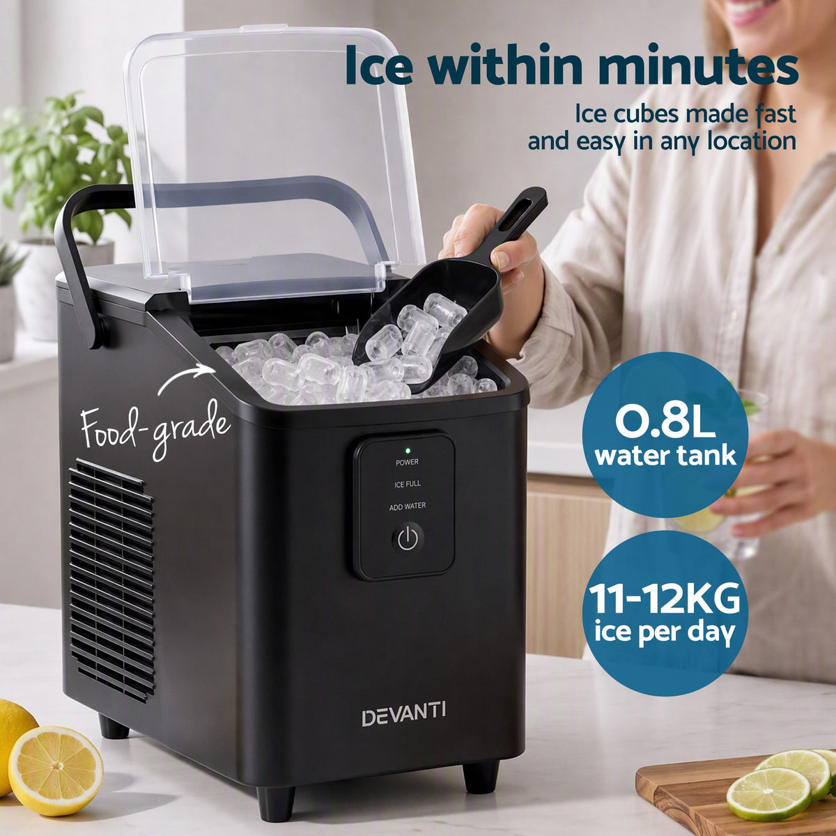 Portable Ice Maker 11-12kg Daily Capacity Bullet Cube Machine - Black