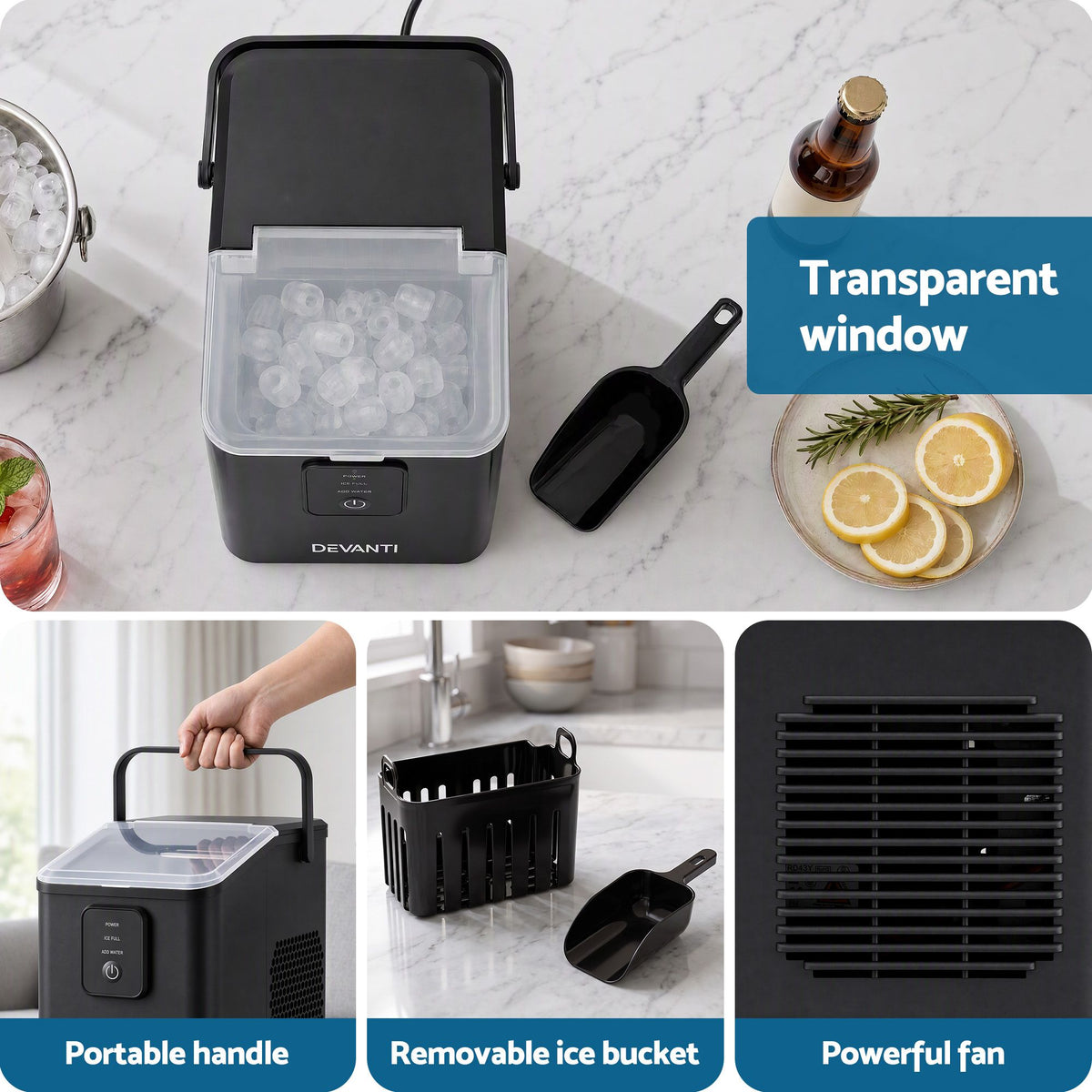 Portable Ice Maker 11-12kg Daily Capacity Bullet Cube Machine - Black