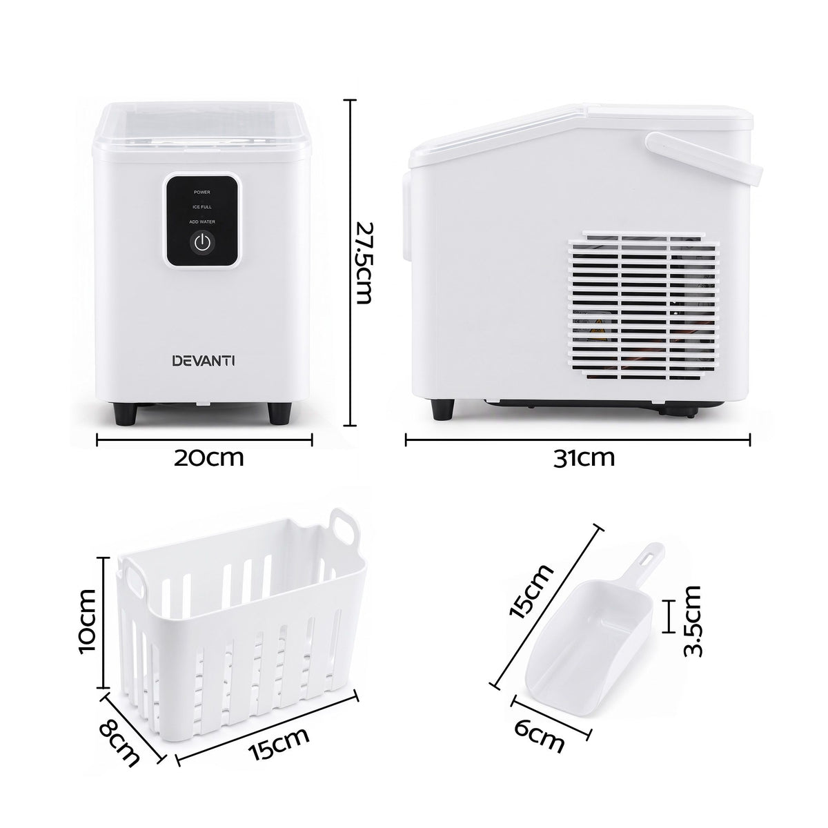 Portable Bullet Cube Ice Maker 11-12kg Capacity - White