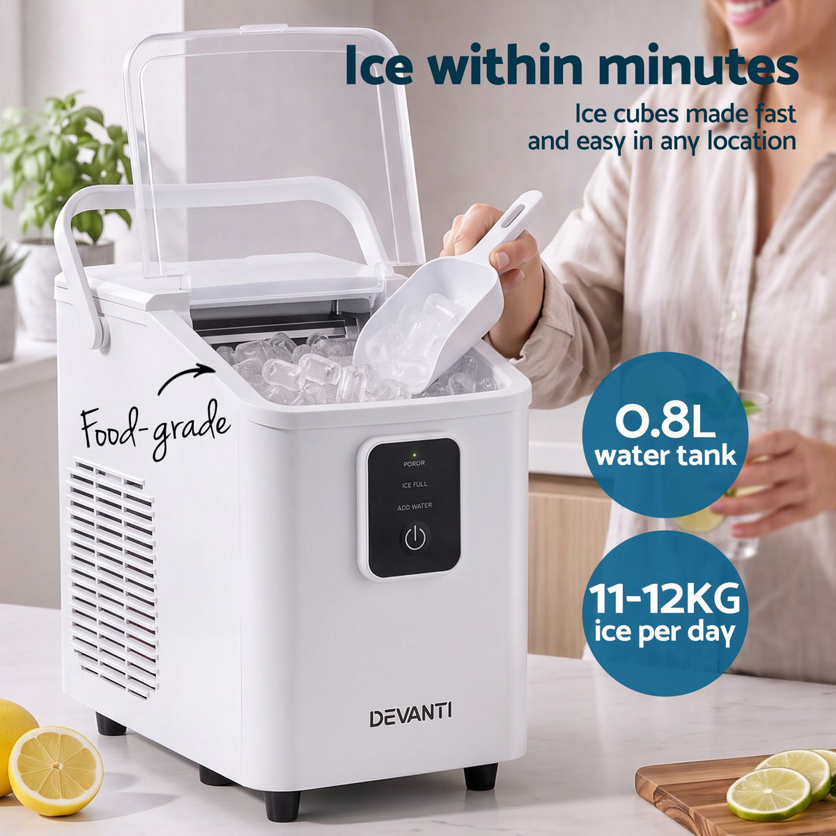 Portable Bullet Cube Ice Maker 11-12kg Capacity - White