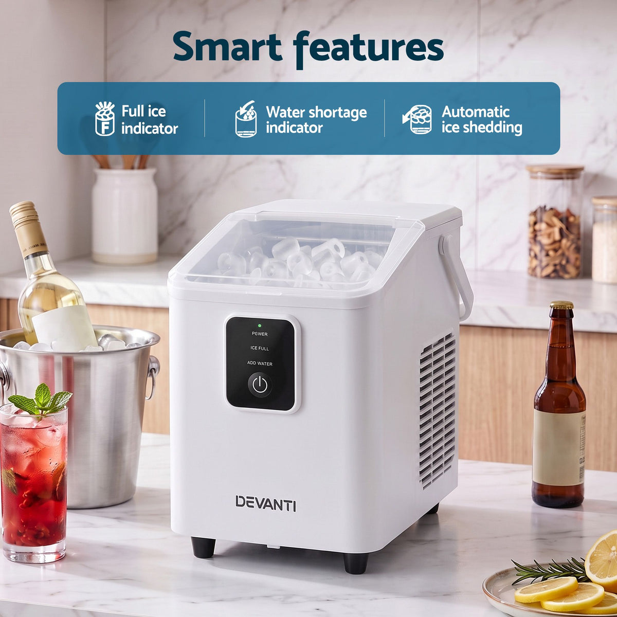 Portable Bullet Cube Ice Maker 11-12kg Capacity - White