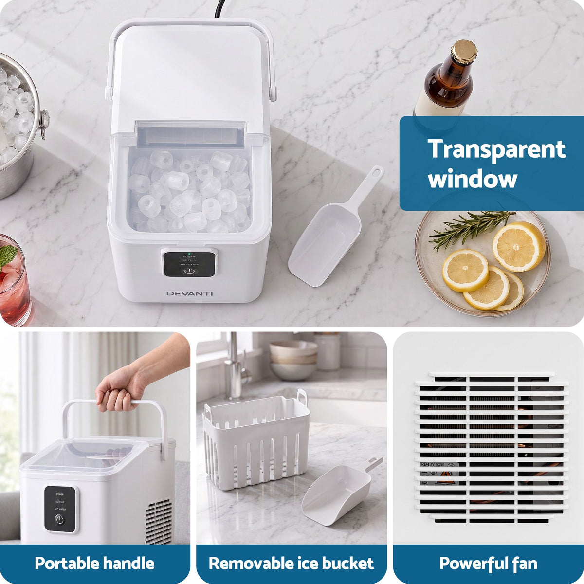 Portable Bullet Cube Ice Maker 11-12kg Capacity - White