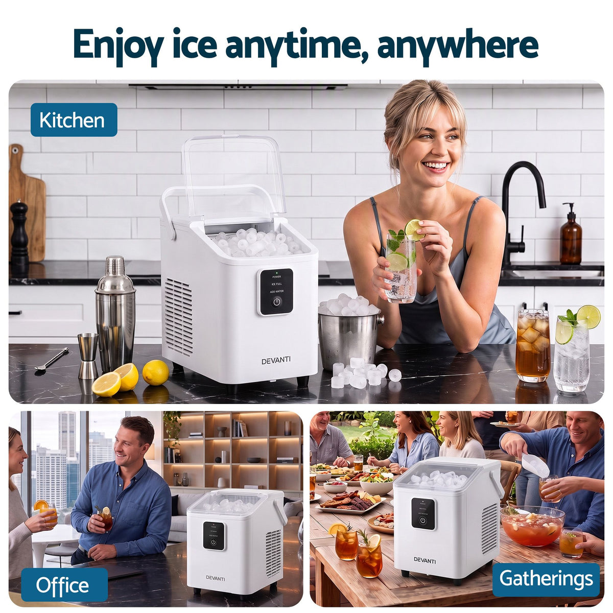 Portable Bullet Cube Ice Maker 11-12kg Capacity - White