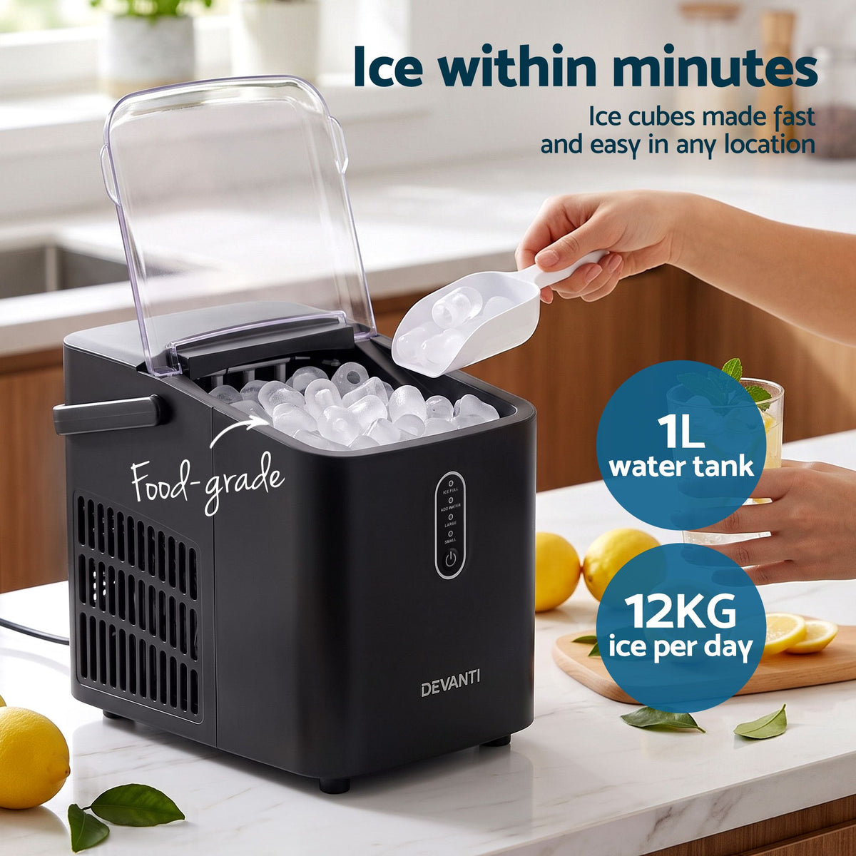 Portable Countertop Ice Maker Bullet Cube 12KG - Black