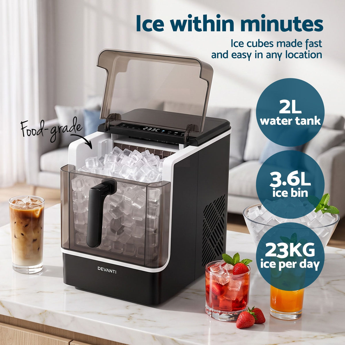 Ice Maker Portable 23kg Daily Square Cube with Basket - Black