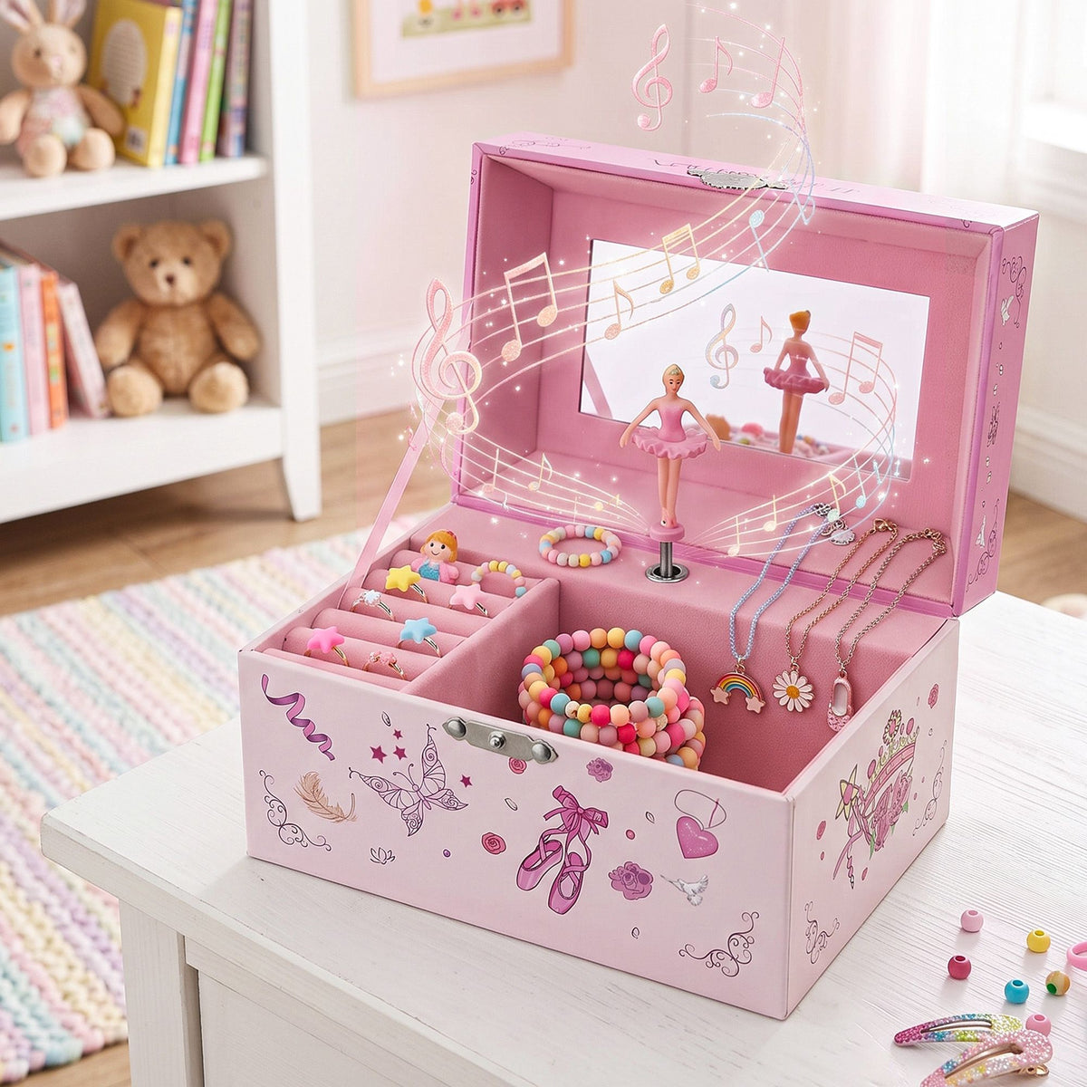Kids Jewellery Box Organiser with Music and Mirror for Girls - Pink