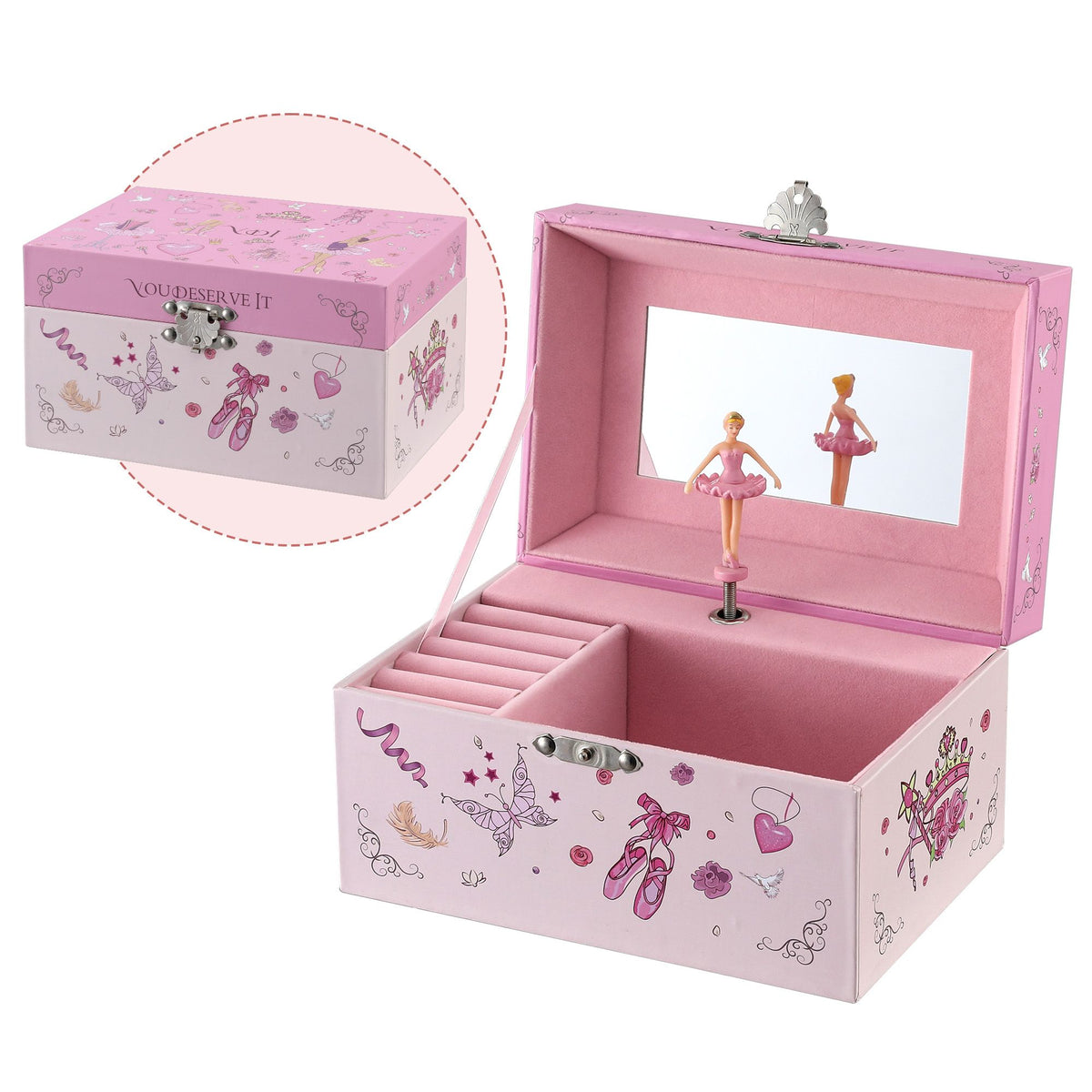 Kids Jewellery Box Organiser with Music and Mirror for Girls - Pink