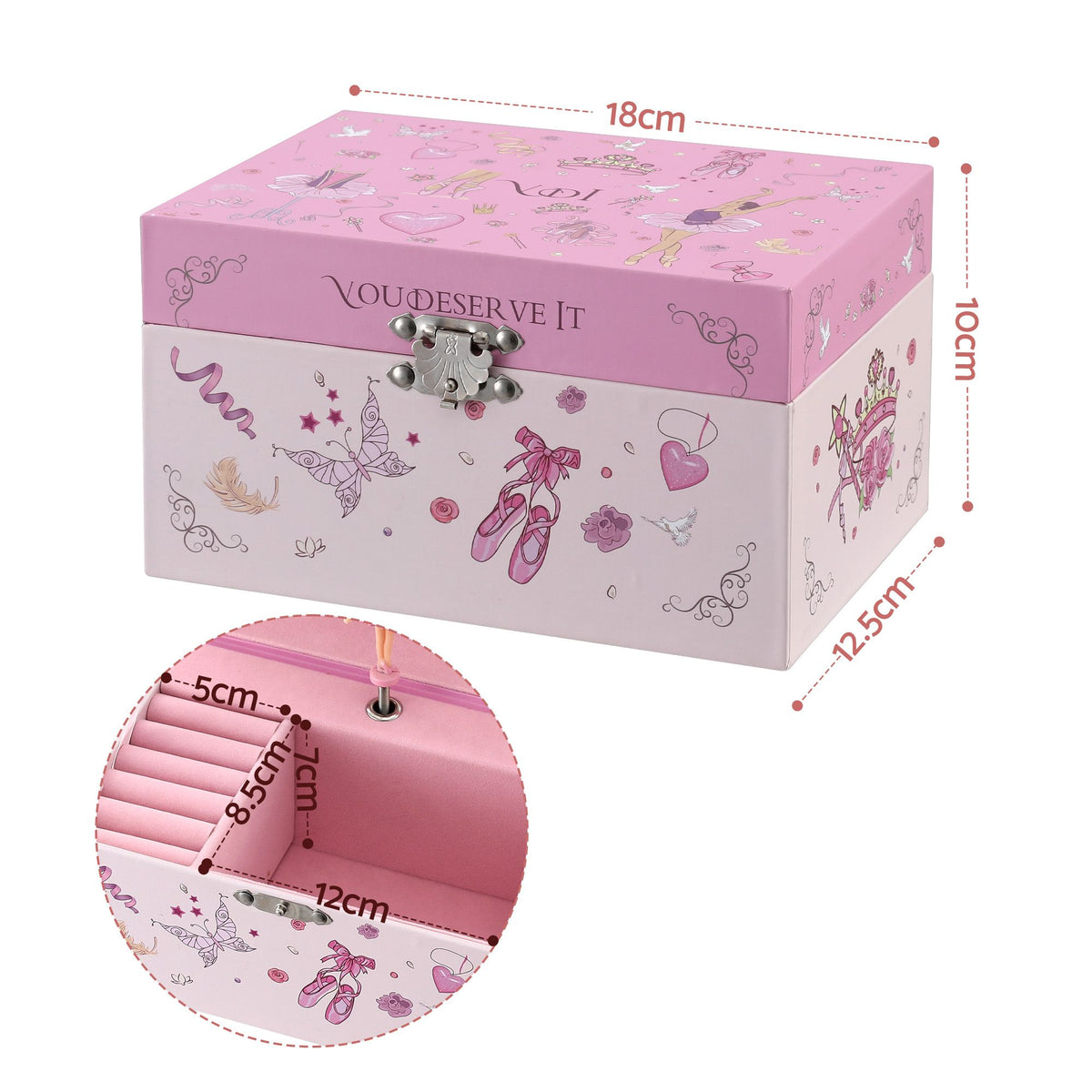 Kids Jewellery Box Organiser with Music and Mirror for Girls - Pink