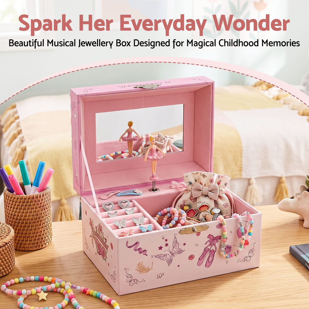 Kids Jewellery Box Organiser with Music and Mirror for Girls - Pink