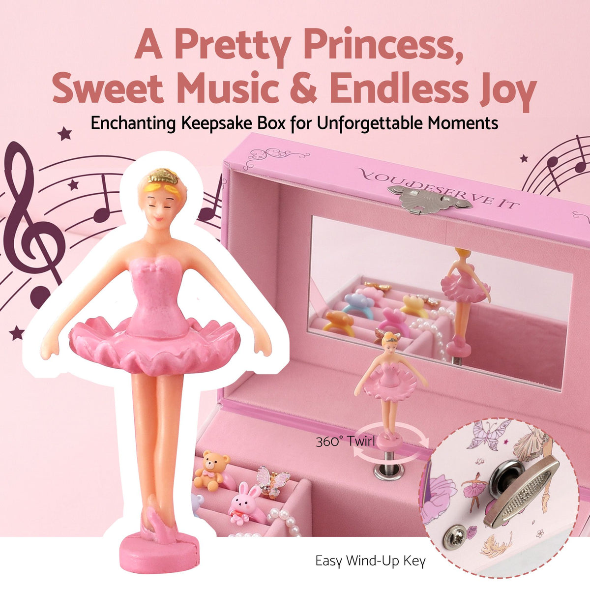 Kids Jewellery Box Organiser with Music and Mirror for Girls - Pink