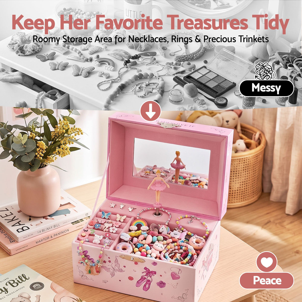 Kids Jewellery Box Organiser with Music and Mirror for Girls - Pink