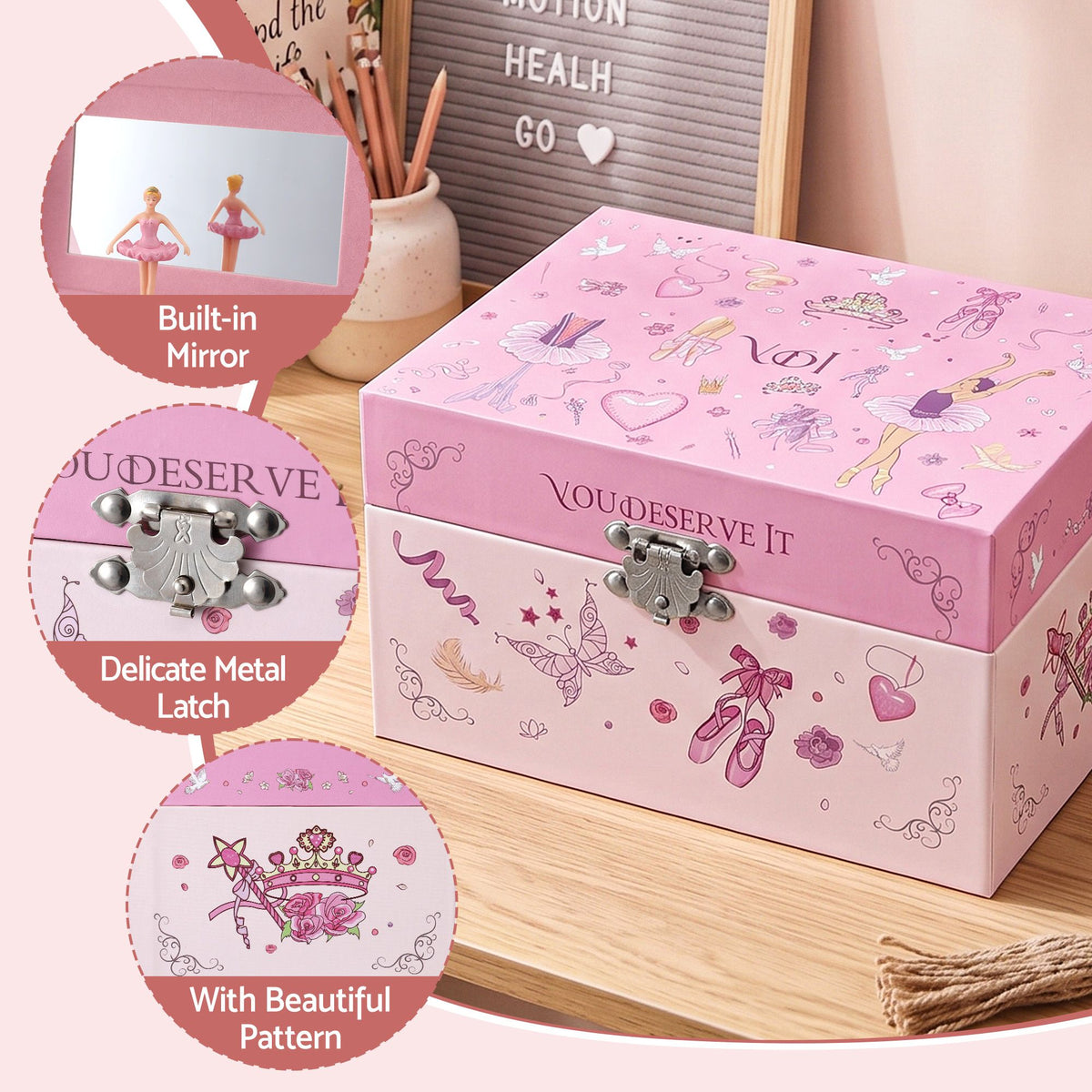 Kids Jewellery Box Organiser with Music and Mirror for Girls - Pink