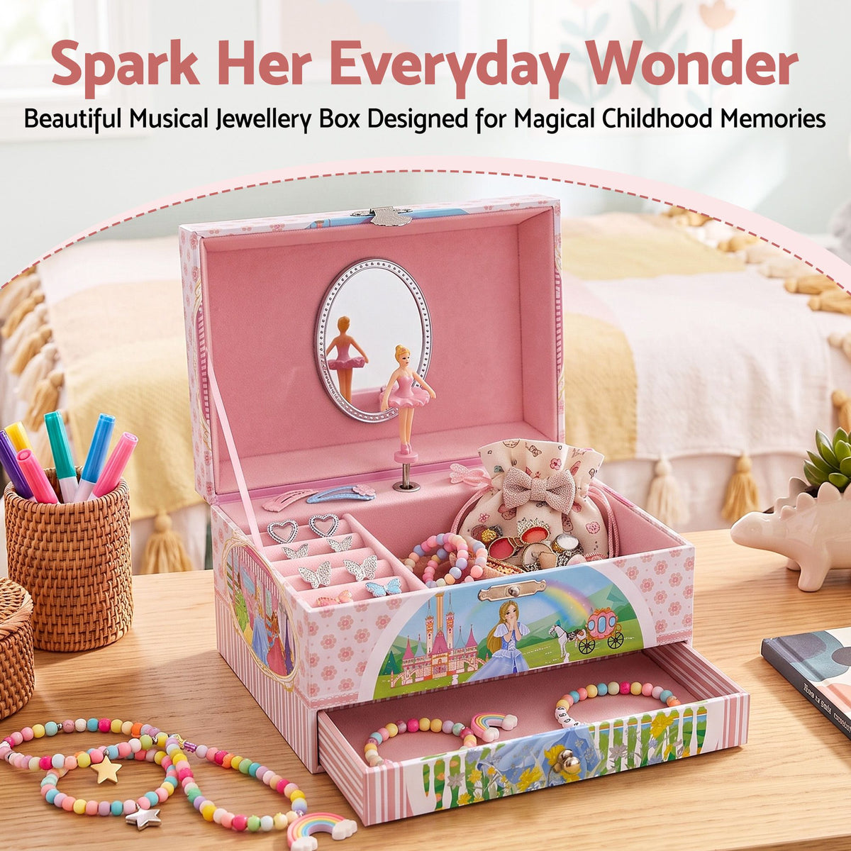 Kids Jewellery Box Organiser with Music and Drawer for Girls