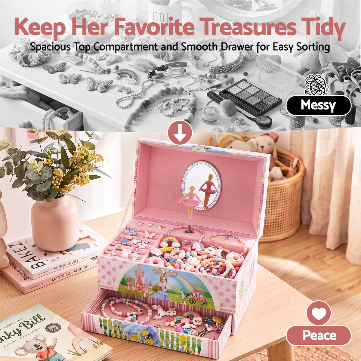 Kids Jewellery Box Organiser with Music and Drawer for Girls
