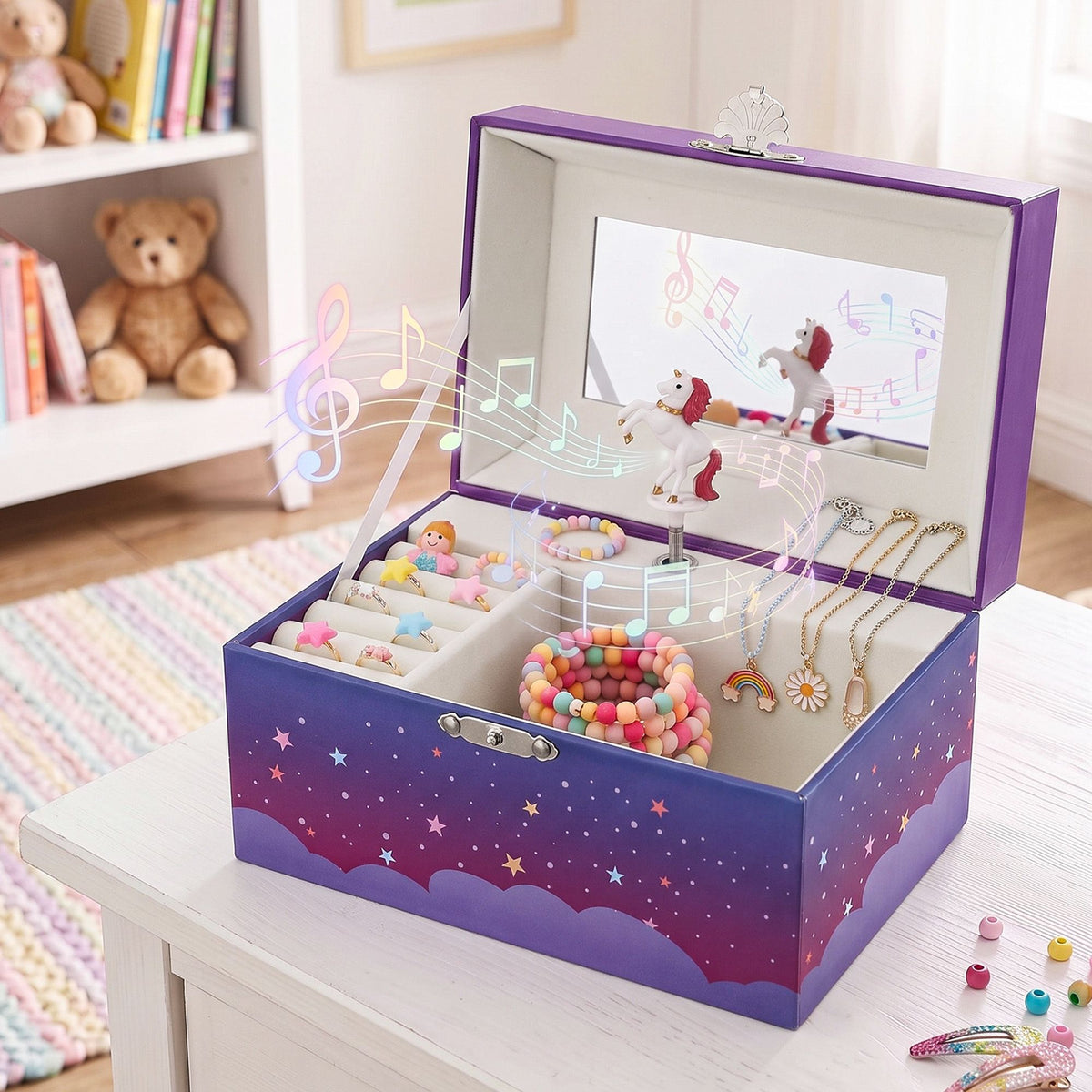 Kids Jewellery Box Organiser with Music and Mirror Unicorn - Purple