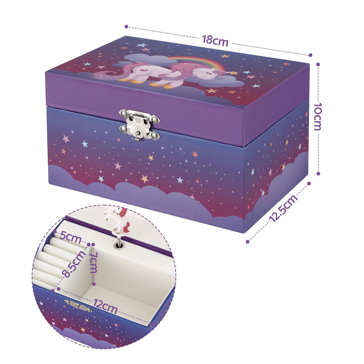 Kids Jewellery Box Organiser with Music and Mirror Unicorn - Purple