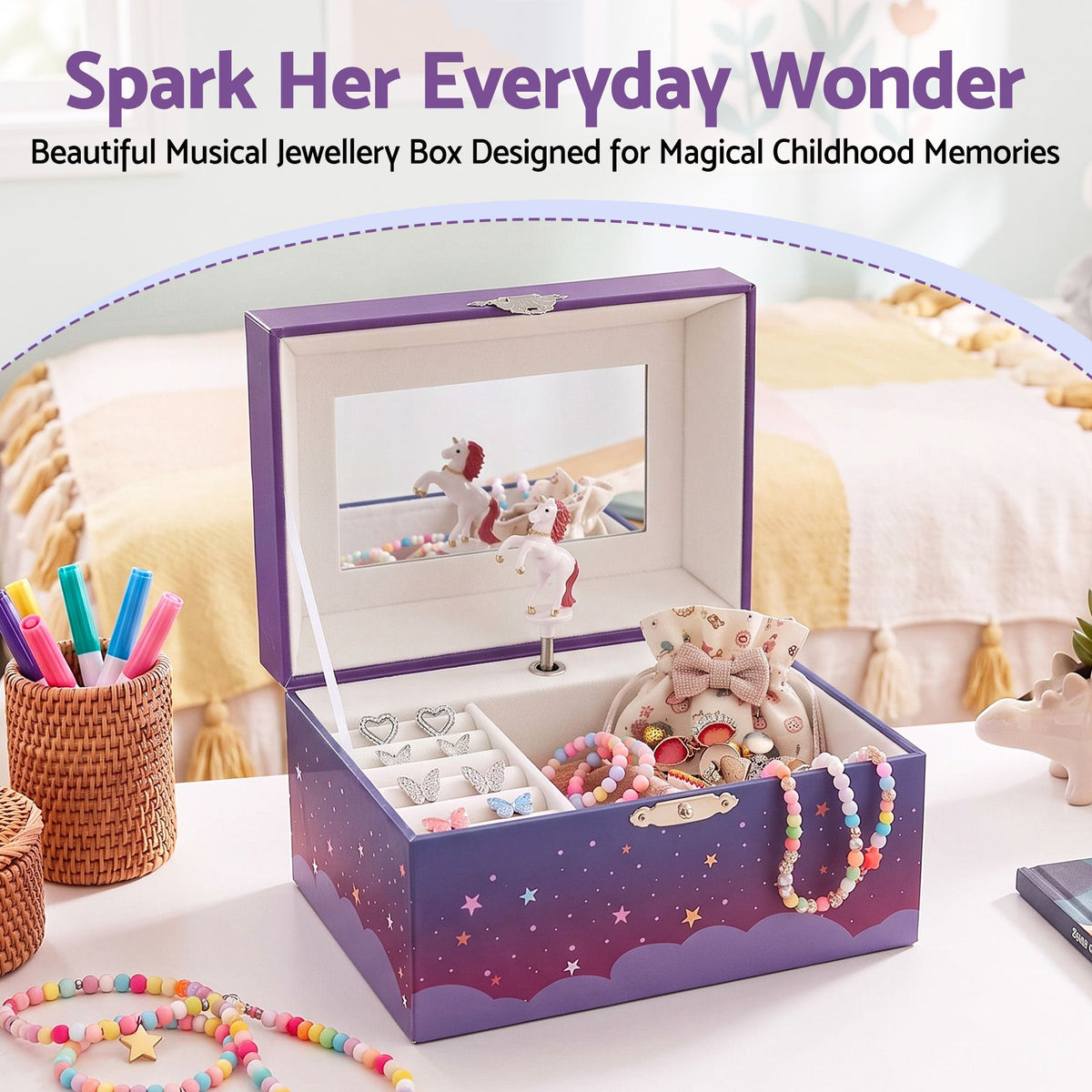 Kids Jewellery Box Organiser with Music and Mirror Unicorn - Purple