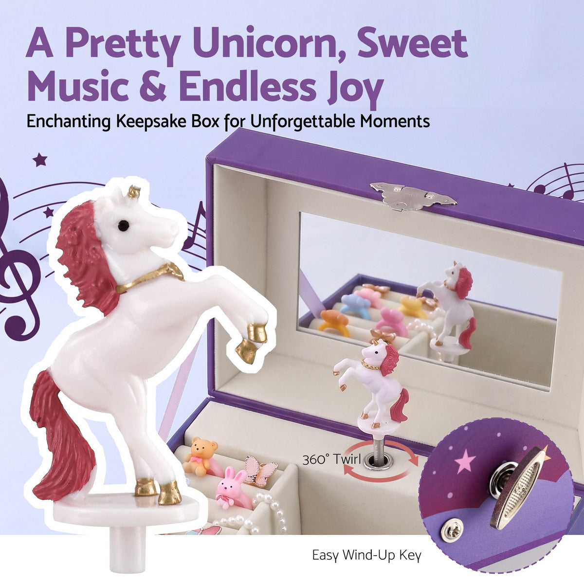 Kids Jewellery Box Organiser with Music and Mirror Unicorn - Purple