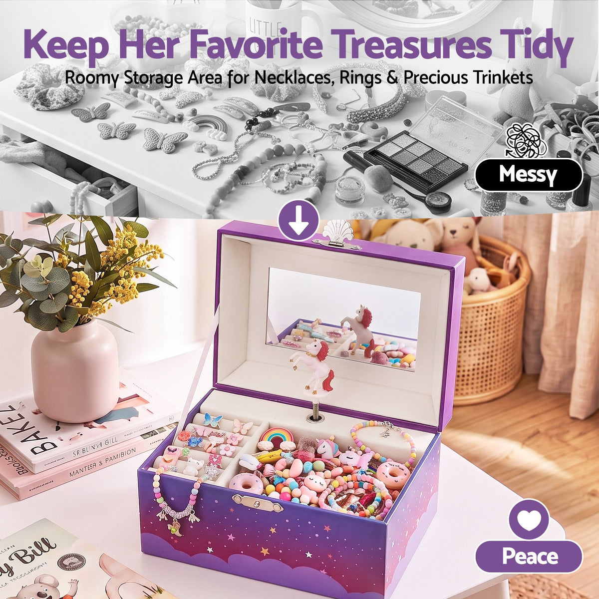 Kids Jewellery Box Organiser with Music and Mirror Unicorn - Purple