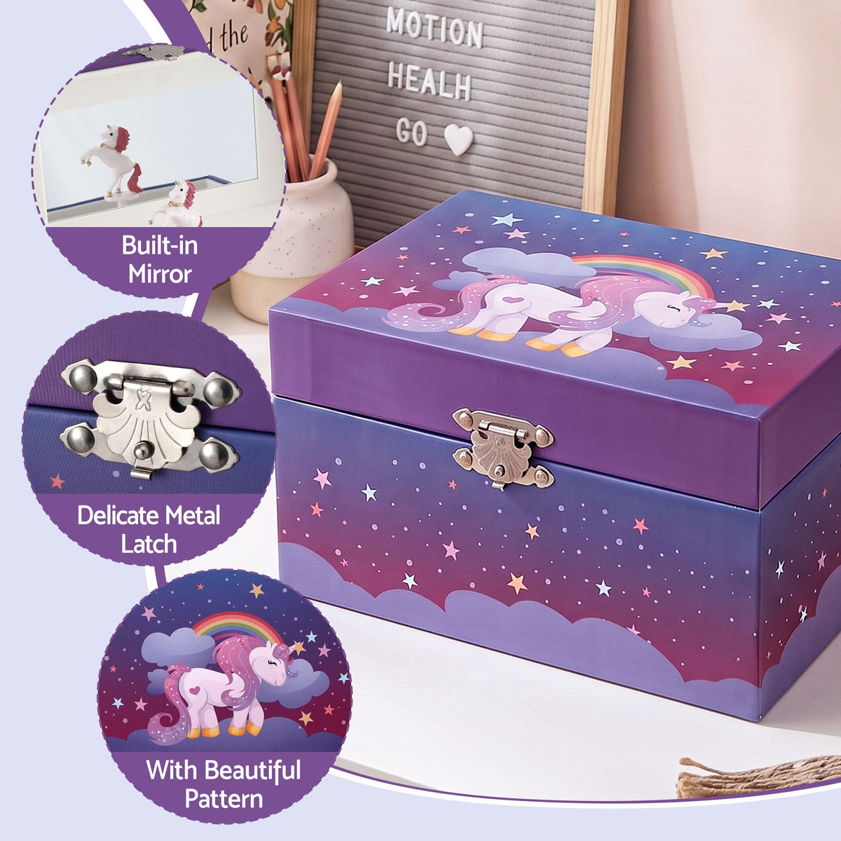 Kids Jewellery Box Organiser with Music and Mirror Unicorn - Purple