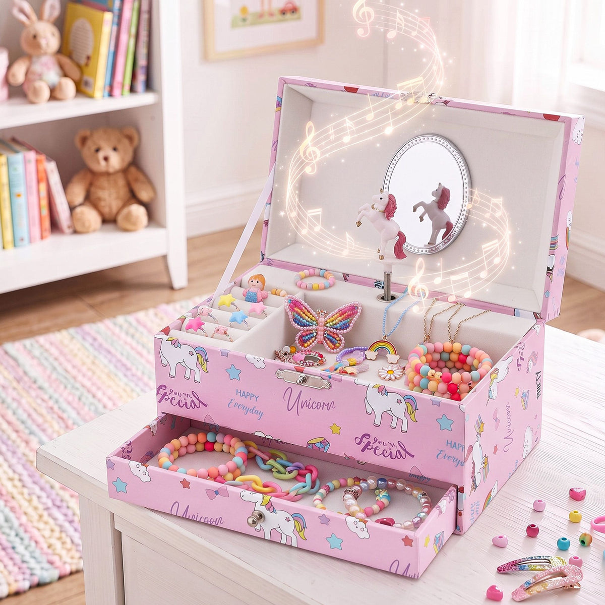 Kids Jewellery Box Organiser with Music, Mirror and Twirling Character for Girls - Pink