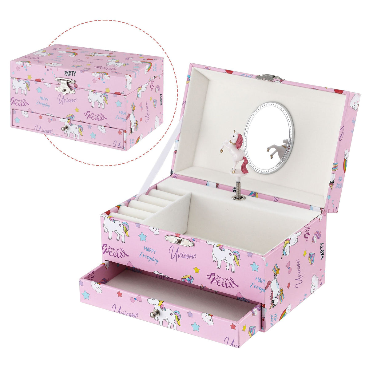 Kids Jewellery Box Organiser with Music, Mirror and Twirling Character for Girls - Pink