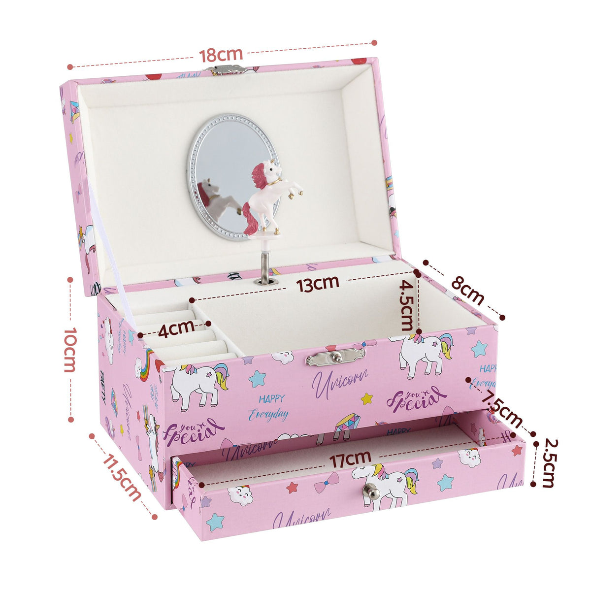 Kids Jewellery Box Organiser with Music, Mirror and Twirling Character for Girls - Pink