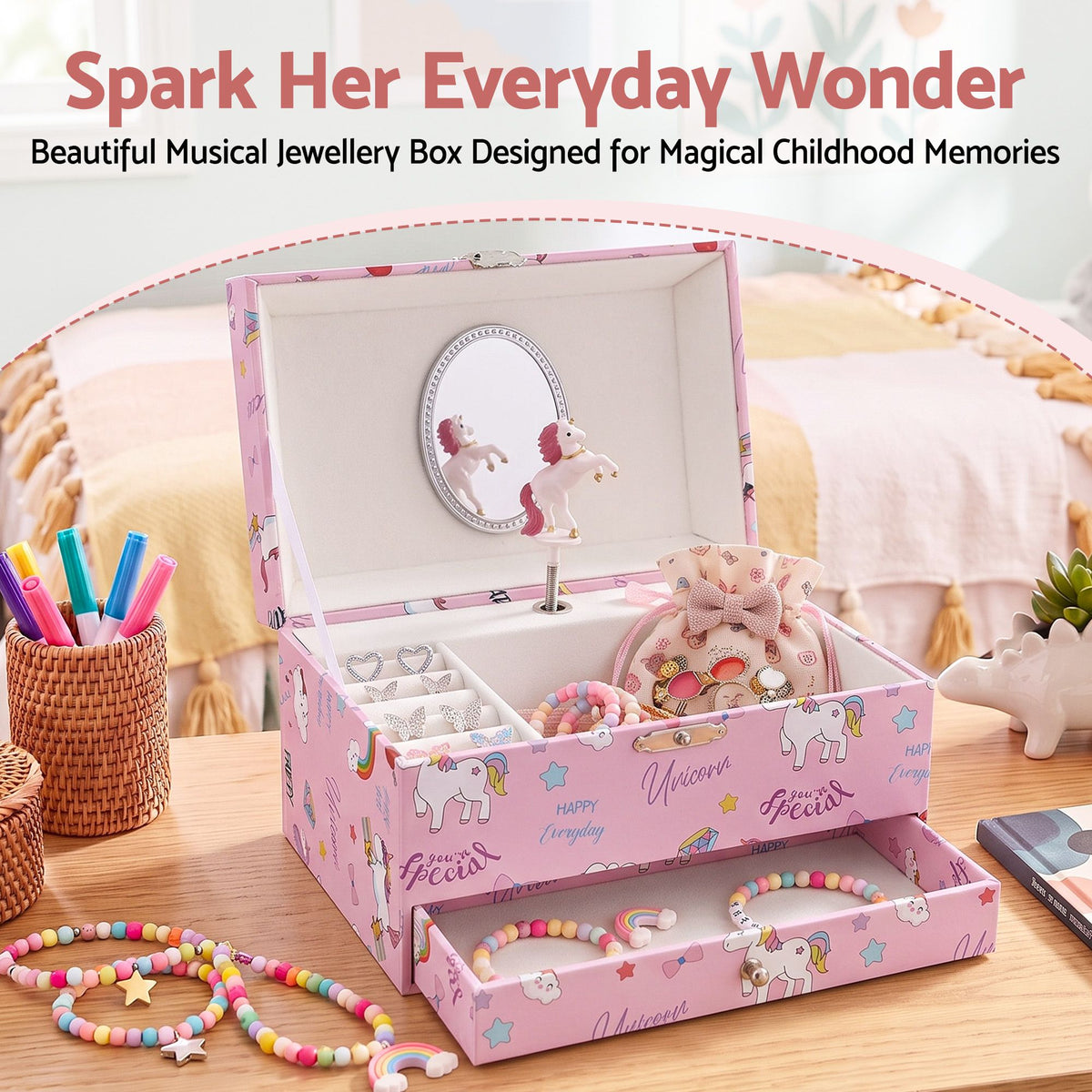 Kids Jewellery Box Organiser with Music, Mirror and Twirling Character for Girls - Pink