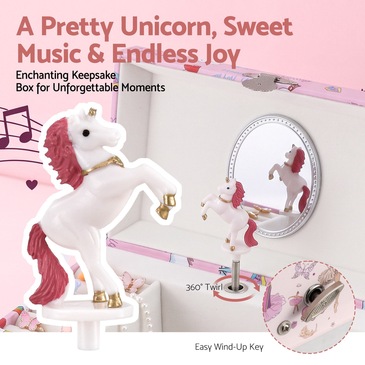 Kids Jewellery Box Organiser with Music, Mirror and Twirling Character for Girls - Pink