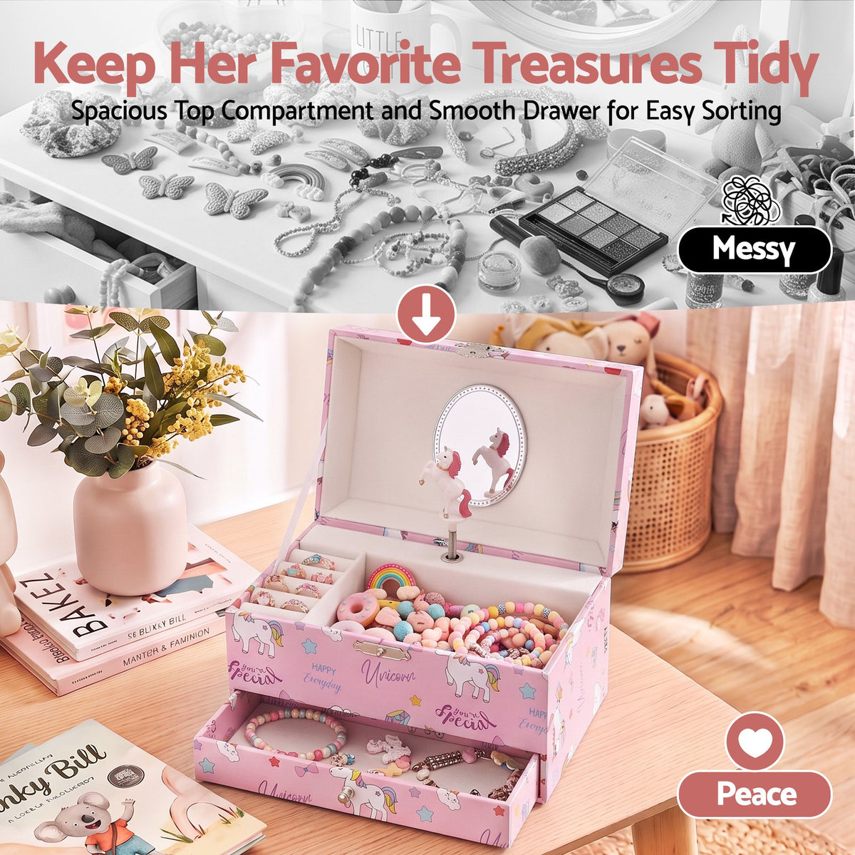 Kids Jewellery Box Organiser with Music, Mirror and Twirling Character for Girls - Pink