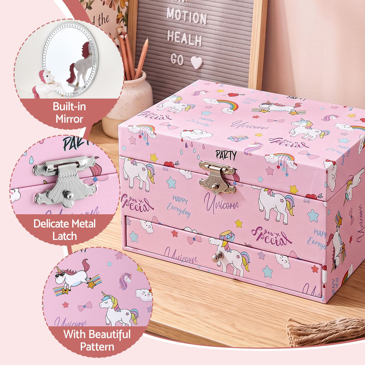 Kids Jewellery Box Organiser with Music, Mirror and Twirling Character for Girls - Pink