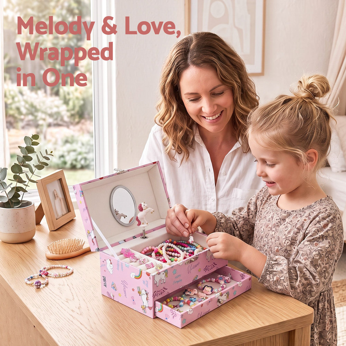 Kids Jewellery Box Organiser with Music, Mirror and Twirling Character for Girls - Pink