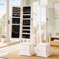 Lockable Freestanding Jewelry Armoire with Mirror and Drawers - White