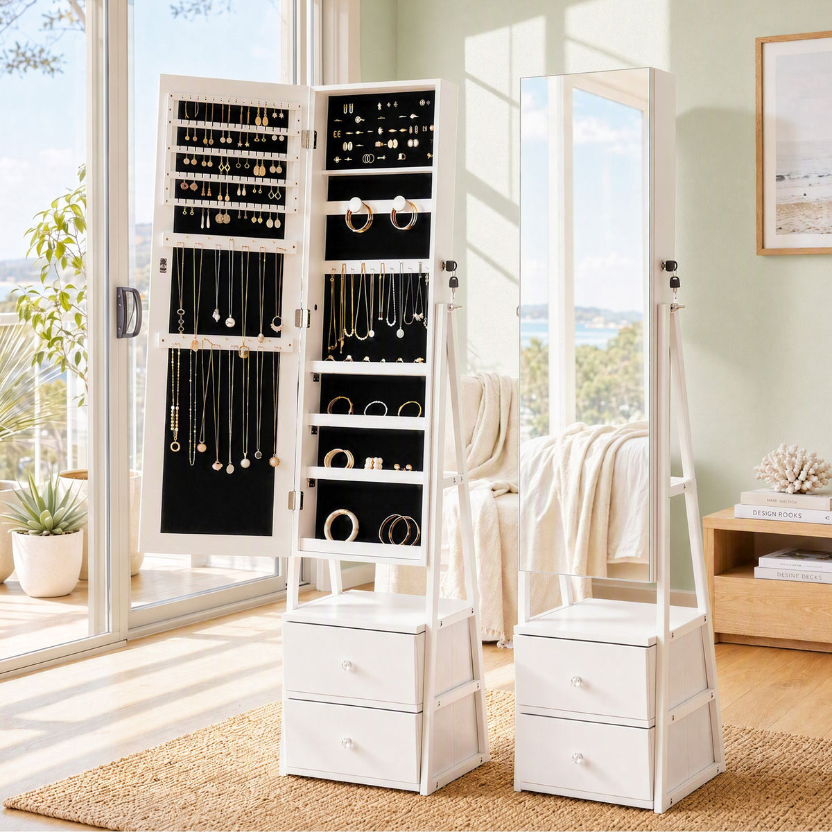 Lockable Freestanding Jewelry Armoire with Mirror and Drawers - White