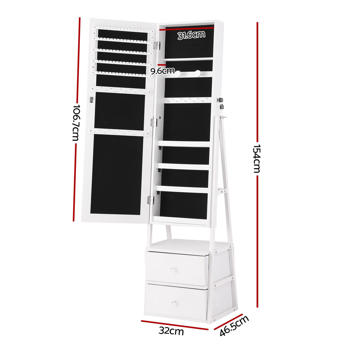 Lockable Freestanding Jewelry Armoire with Mirror and Drawers - White
