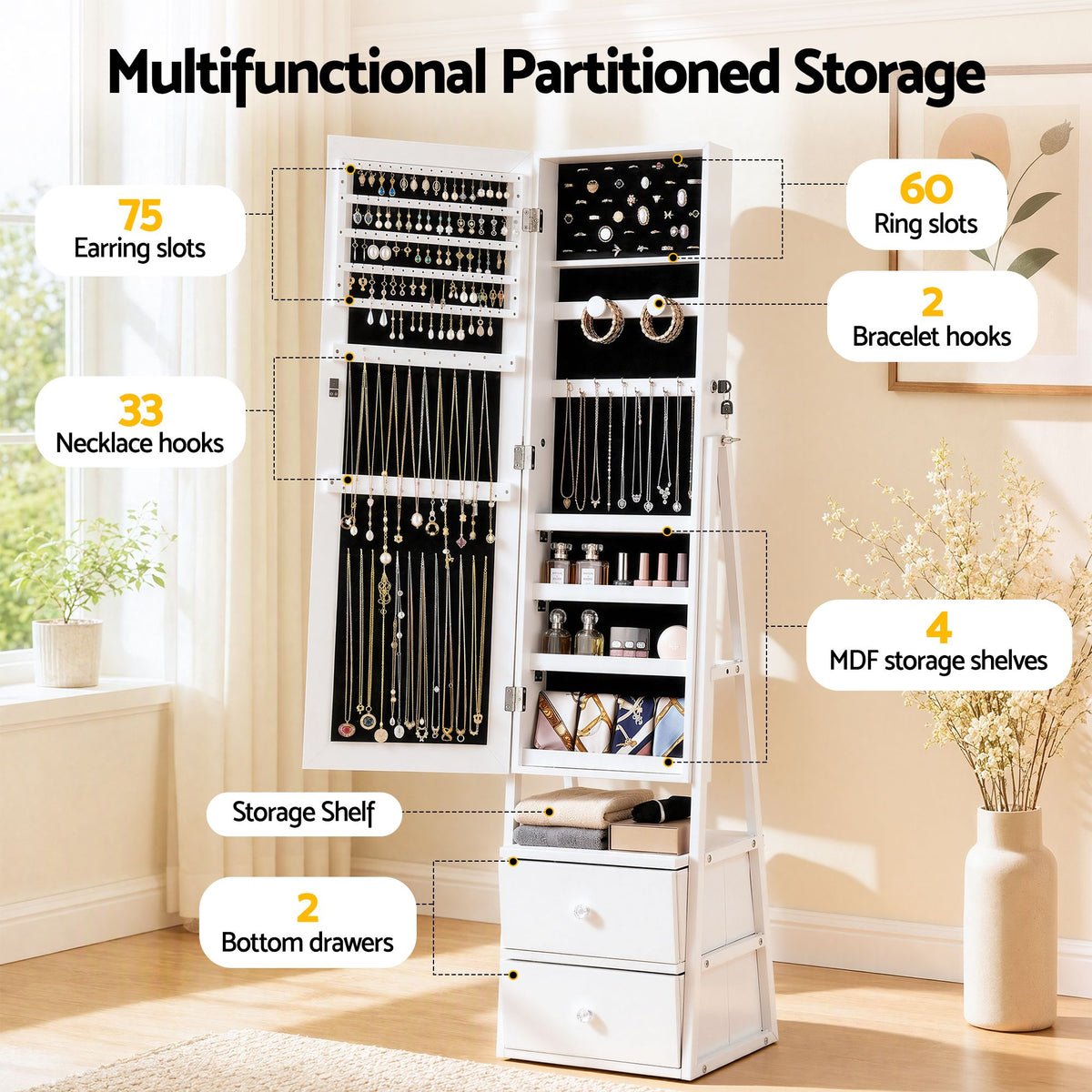 Lockable Freestanding Jewelry Armoire with Mirror and Drawers - White