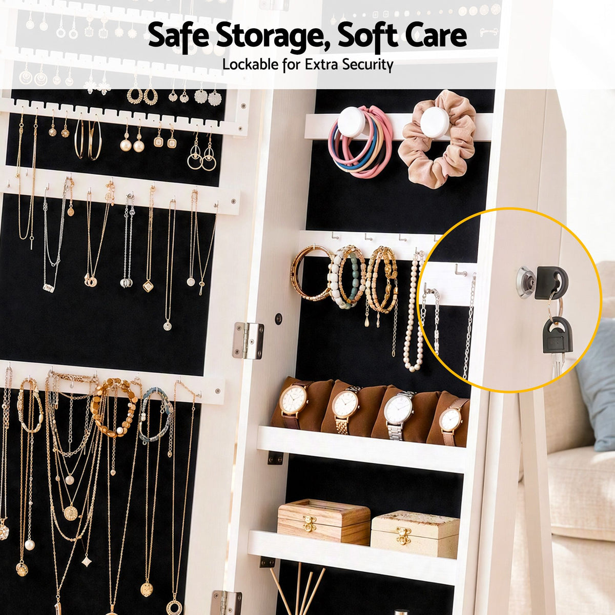 Lockable Freestanding Jewelry Armoire with Mirror and Drawers - White