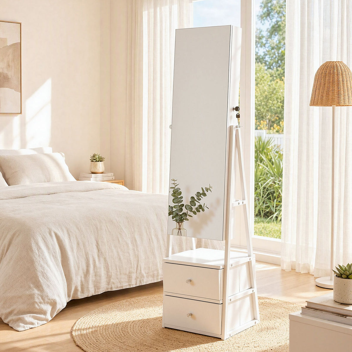 Lockable Freestanding Jewelry Armoire with Mirror and Drawers - White