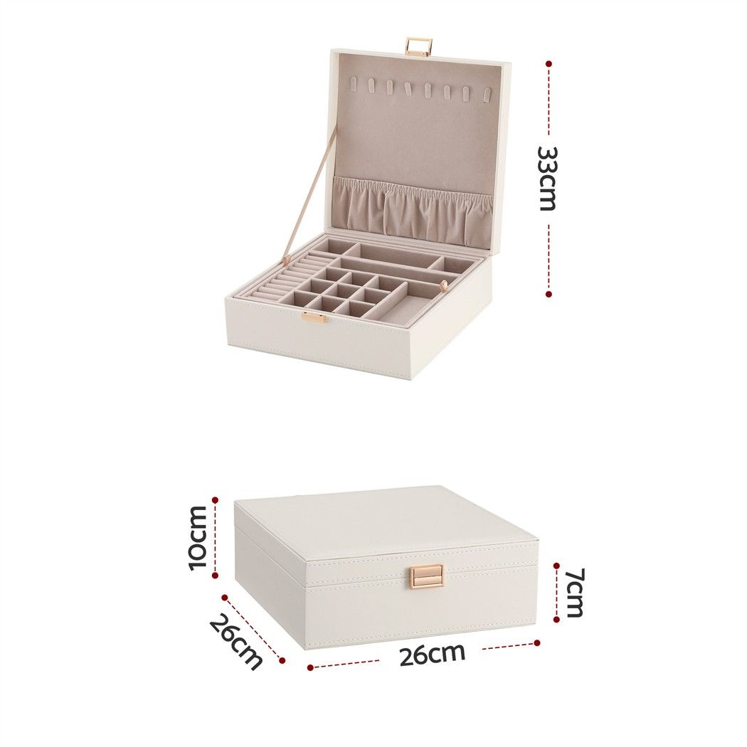 2 Layer Jewellery Storage Organiser with Necklace Hooks and Removable Dividers - White