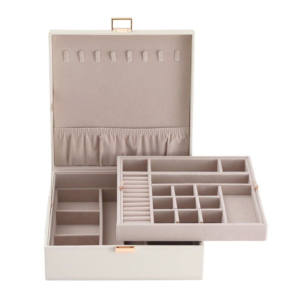 2 Layer Jewellery Storage Organiser with Necklace Hooks and Removable Dividers - White
