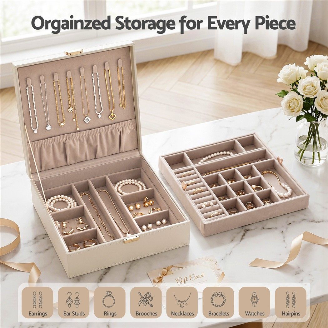 2 Layer Jewellery Storage Organiser with Necklace Hooks and Removable Dividers - White
