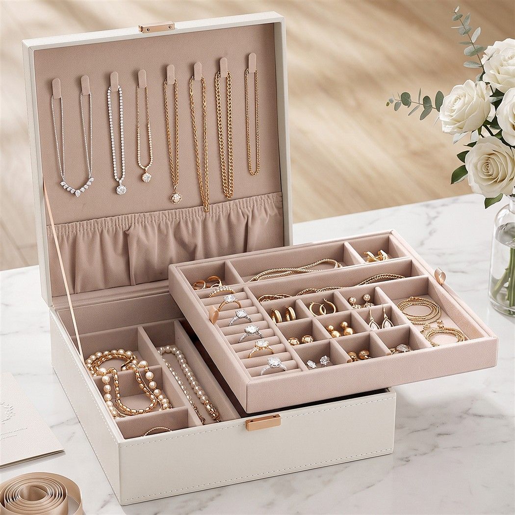 2 Layer Jewellery Storage Organiser with Necklace Hooks and Removable Dividers - White